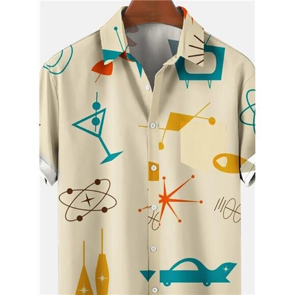 Men's Retro Bowling Shirts 50s Rockabilly Style Button Down Shirts Vintage Style - Picture 2 of 6